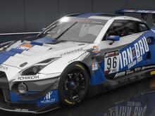Nissan GTR GT3 in the chrome & blue variant of the Gulf Irn Bru Racing Livery with the front and right side in view