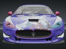 front shot of a purple Maserati with different colored headlights and Amemiya Nazuna on the hood