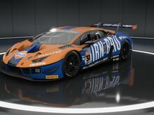 Lambo GT3 in an Irn-Bru livery loosely inspired by the iconic Gulf scheme