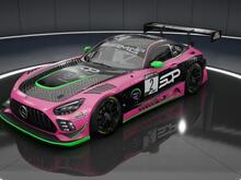 A front angle view of the pink and diamond black SOP livery