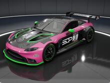 A front angle view of the pink and diamond black SOP livery