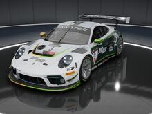 A white Porsche in a split livery of maize and blue with two-tone green