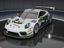 A white Porsche in a split livery of maize and blue with two-tone green