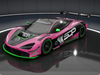 A front-corner angle view of the pink and diamond black SOP livery