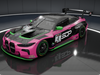 A front angle view of the pink and diamond black SOP livery